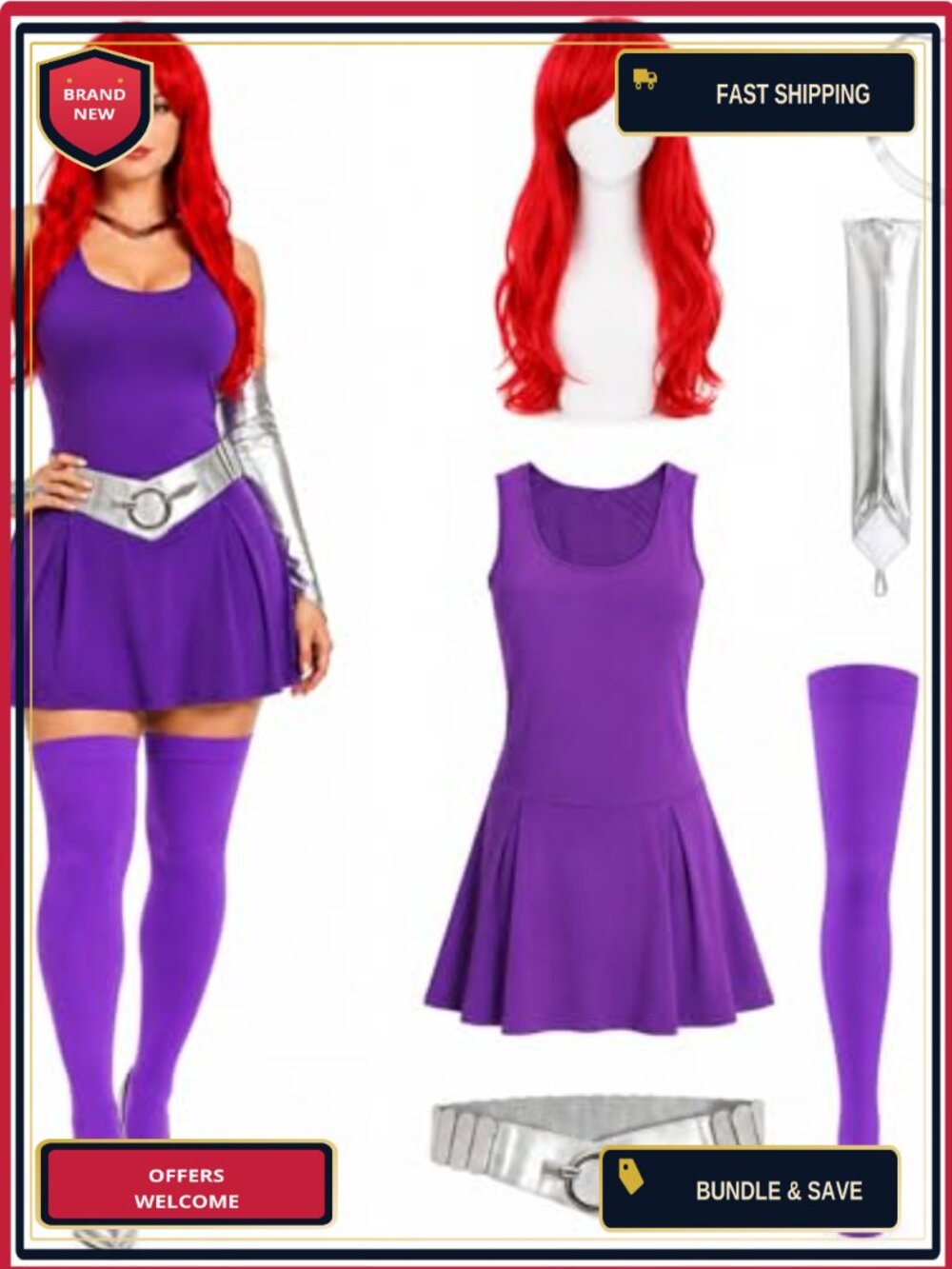 6PC Sexy Hero Costume Set Dress Wig Belt Arm Sleeves Stockings Halloween